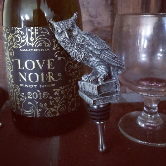 Horned Owl Winestopper, Hand Sculpted Resin | Gothic Art Barware | Owl with Books Bottle Stopper | FantasyGothic Witch Wine and Barware Gift