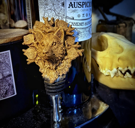 Black Forest Wolf Winestopper, Hand Sculpted Resin, Mythic Fantasy Art Barware | Gothic Wolf Bottle Stopper | Fantasy Wine and Barware Gift