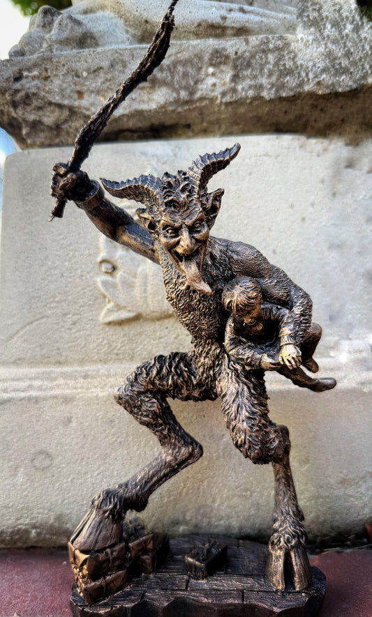 Krampus II Statue, Hand Painted Resin Bronze Finish | Mythical Creature Figurine | Unique Dark Christmas Demon, Gothic Folklore Decor