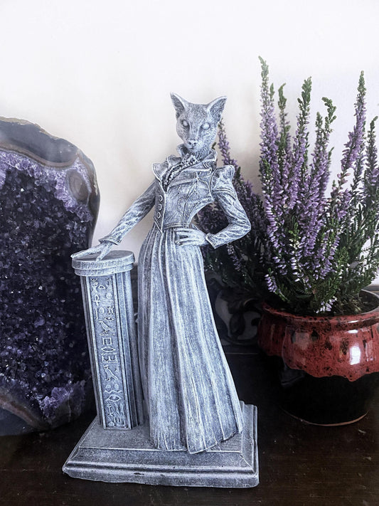 Lady Bast Statue, Cat Goddess, Hand Painted Resin Sculpture | Mythical Creature Figurine | Victorian Cat Goddess Figurine. Fantasy Art Decor