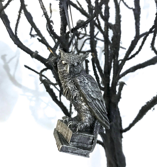 Horned Owl: Witch’s Familiar Ornament, Hand Painted Resin Sculpture | Pagan Folklore Owl Figurine | Witchy Ornament for Gothic Holiday Decor