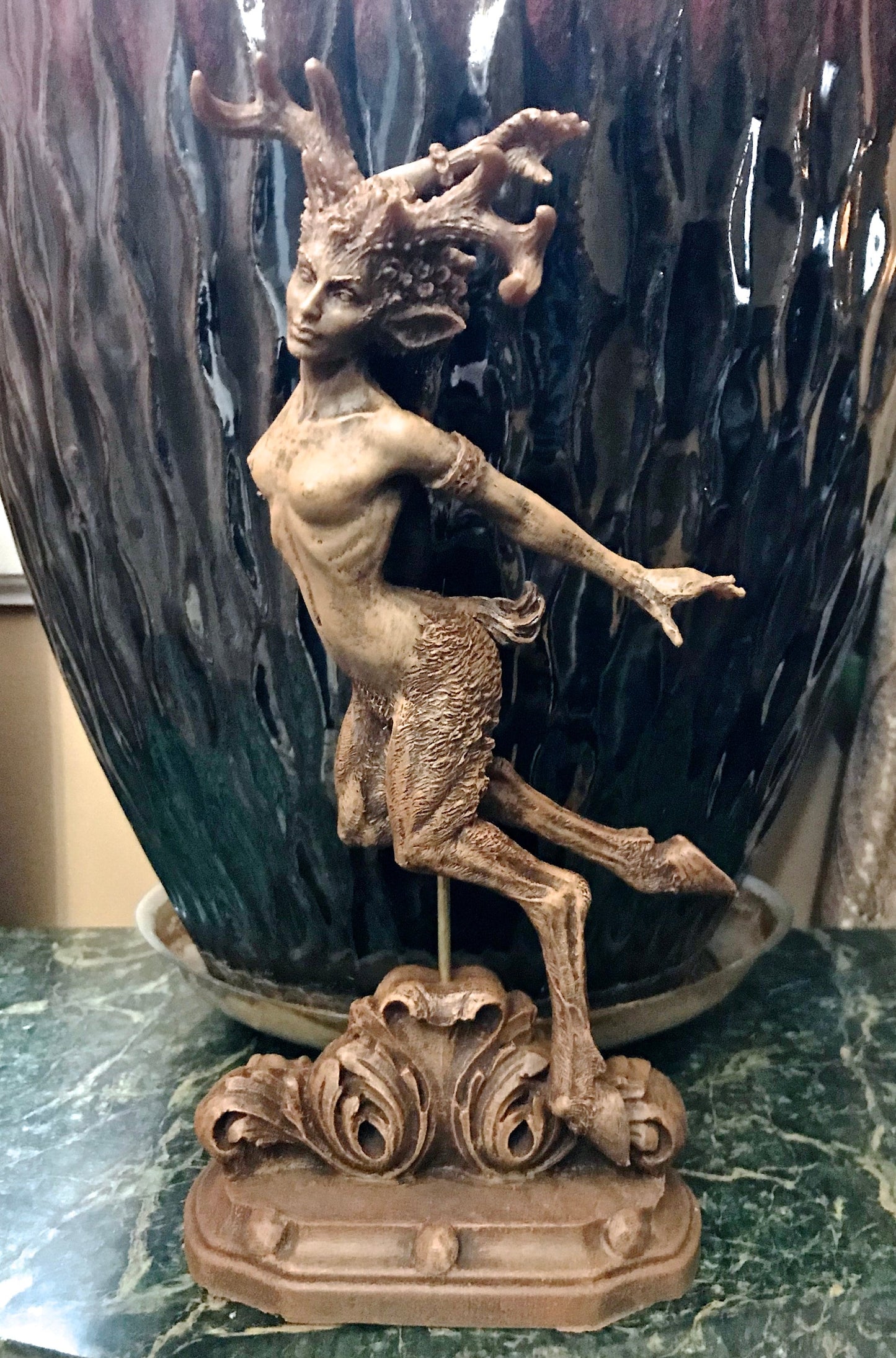 Faun Statue, Hand Painted Resin Sculpture | Mythical Forest Creature Figurine | Woodland Female Satyr Statue for Fantasy Art Decor