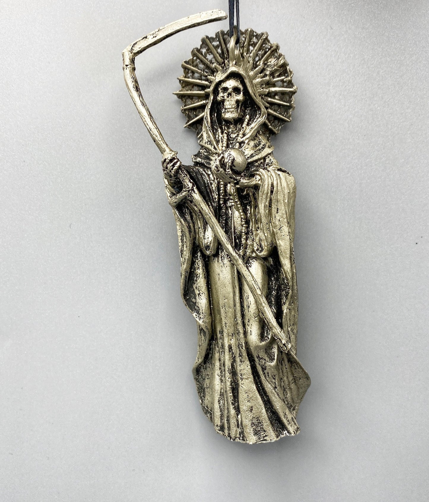Santa Muerte Ornament, Hand Painted Sculpture | Mexican Saint of Death Altar Figurine | Gothic Ornament, Dia de los Muertos Holiday Decor