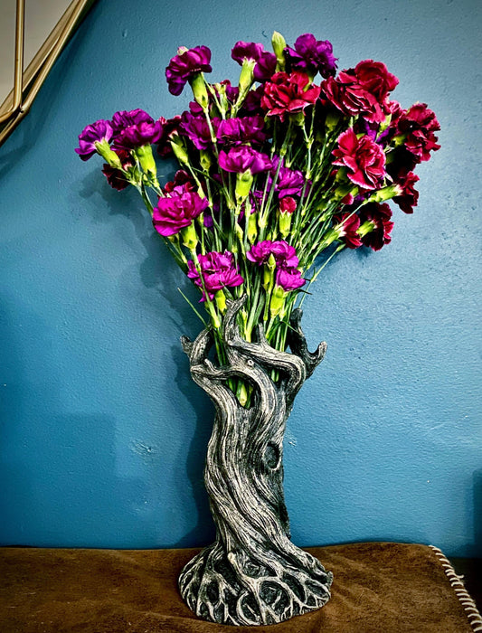 Tree Vase, Pewter Finish | Unique Woodland Rustic Home Decor | Resin Sculpture Flower Vase, Nature Gift and Earthy Home Decor