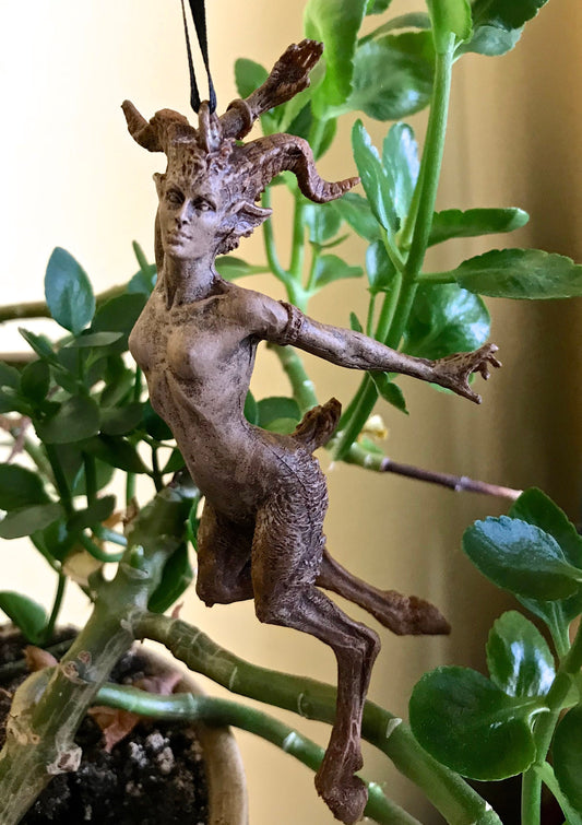 Faun Ornament, Hand Painted Resin Sculpture | Mythical Forest Creature Figurine | Woodland Female Satyr Ornament for Fantasy Art Decor