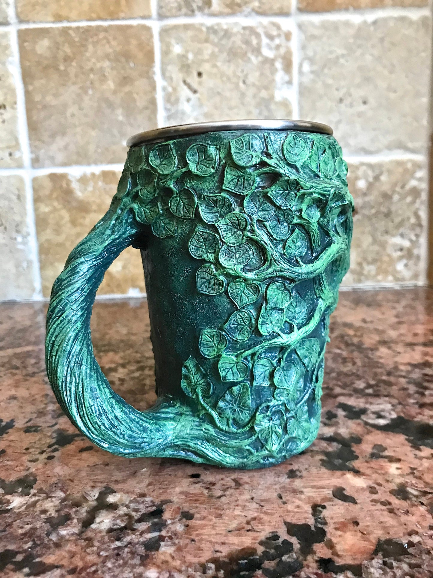 Dryad Mug, Green Hand Sculpted Resin Art Mug with Stainless Steel Liner| Fantasy Tree Spirit Mug, Witchy Cup Gift and Gothic Home Decor