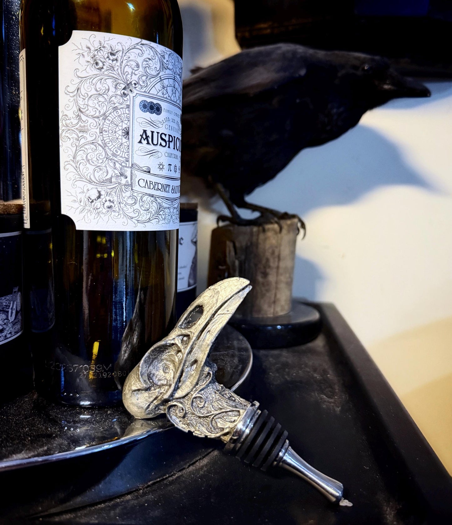 Raven Skull Winestopper, Hand Sculpted Resin | Gothic Art Barware | Raven Crow Skull Bottle Stopper, Gothic Wine Gift and Home Decor