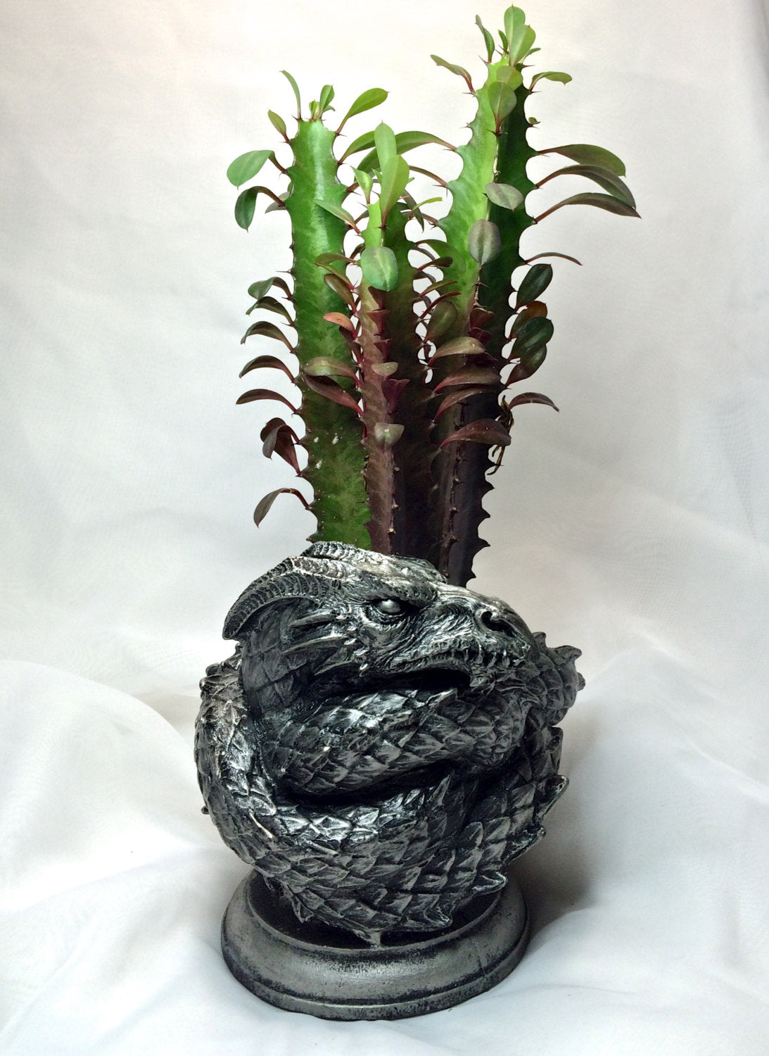 Coiled Dragon Planter, Pewter Finish |  Unique Mythic Creature Home Decor | Resin Sculpture Snake Vase, Fantasy Art and Gothic Home Decor