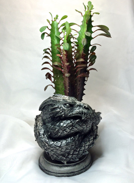 Coiled Dragon Planter, Pewter Finish |  Unique Mythic Creature Home Decor | Resin Sculpture Snake Vase, Fantasy Art and Gothic Home Decor