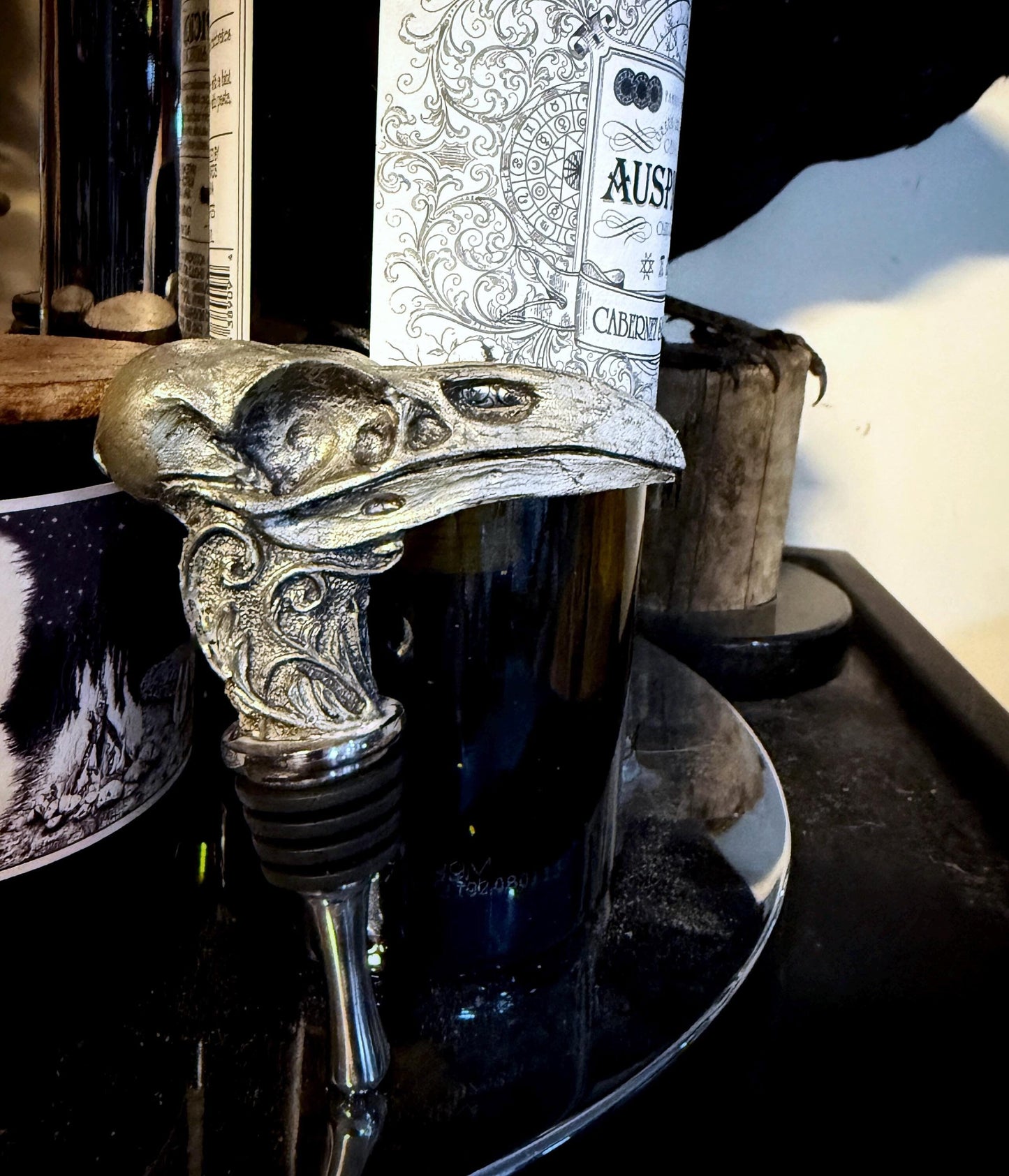 Raven Skull Winestopper, Hand Sculpted Resin | Gothic Art Barware | Raven Crow Skull Bottle Stopper, Gothic Wine Gift and Home Decor