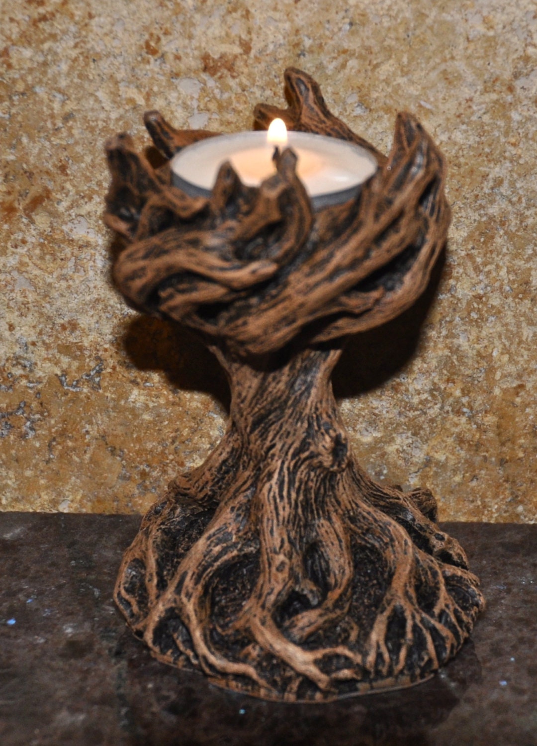 Yggdrasil the World Tree Tea Light Holder, Hand Painted Resin Sculpture | Earthy Fantasy Decor| Candle for Witchy Gift and Gothic Home Decor