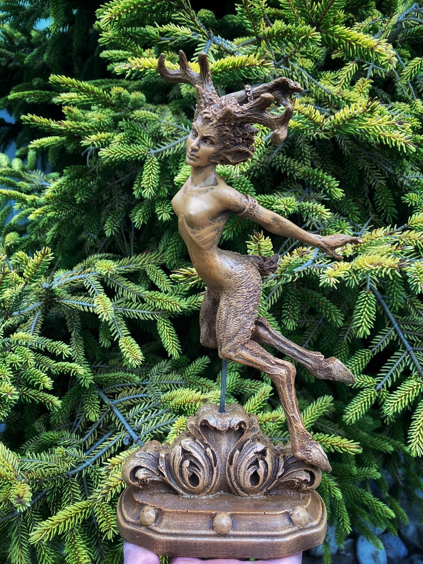 Faun Statue, Hand Painted Resin Sculpture | Mythical Forest Creature Figurine | Woodland Female Satyr Statue for Fantasy Art Decor