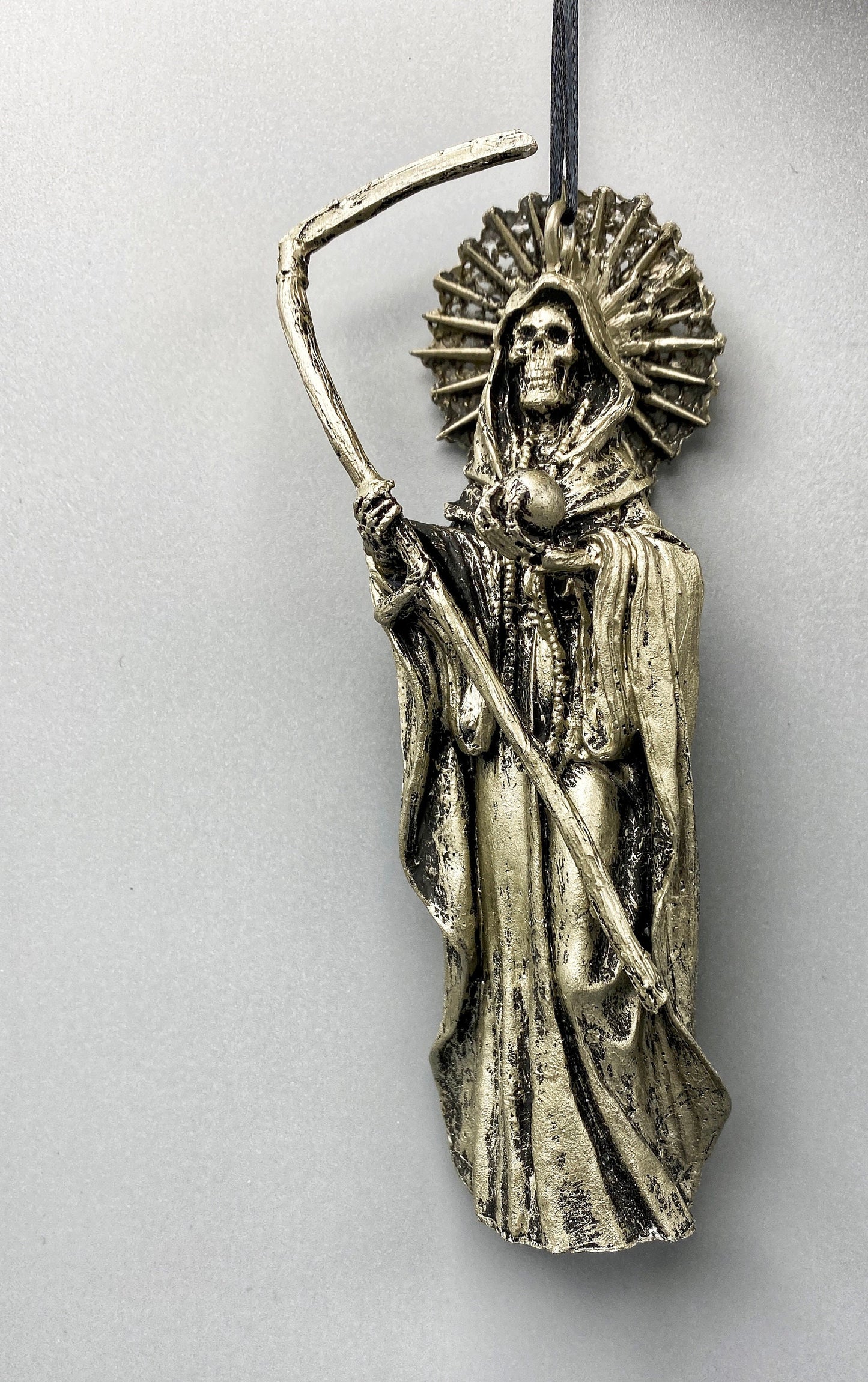 Santa Muerte Ornament, Hand Painted Sculpture | Mexican Saint of Death Altar Figurine | Gothic Ornament, Dia de los Muertos Holiday Decor