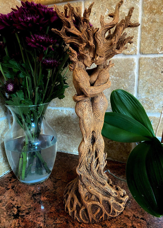 Amor Silvanus: Embracing Dryads Statue | Mythical Forest Creature Figurine | Woodland Tree Spirit Couple, Fantasy Art Home Decor