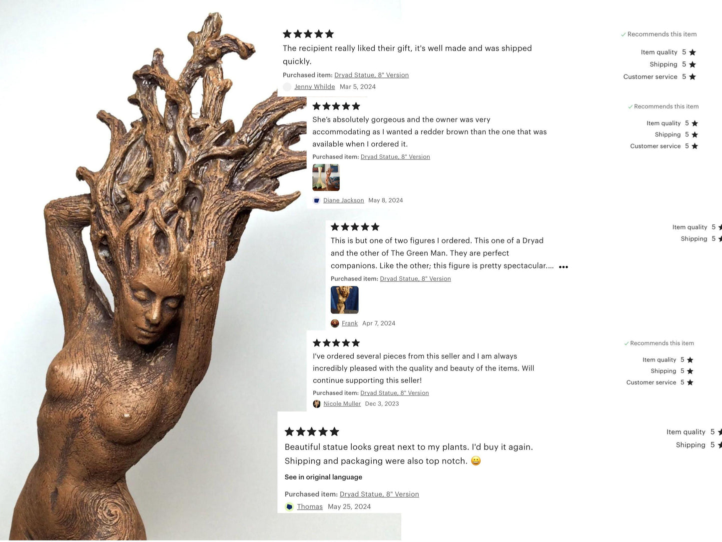 Dryad Statue, Hand Painted Resin Sculpture | Mythical Forest Creature Figurine | 8” Woodland Goddess Altar Statue for Nature Lovers