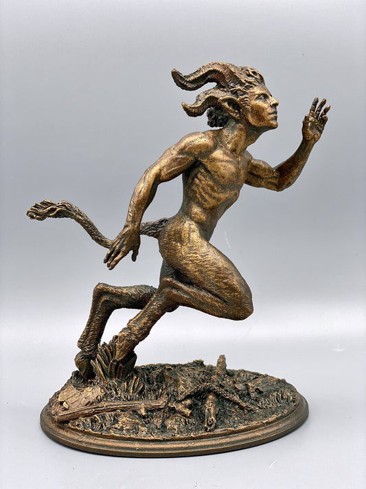 Running Satyr Statue, Hand Painted Resin Sculpture | Mythical Creature Figurine | Unique Legendary Faun Figurine. Fantasy Art Decor
