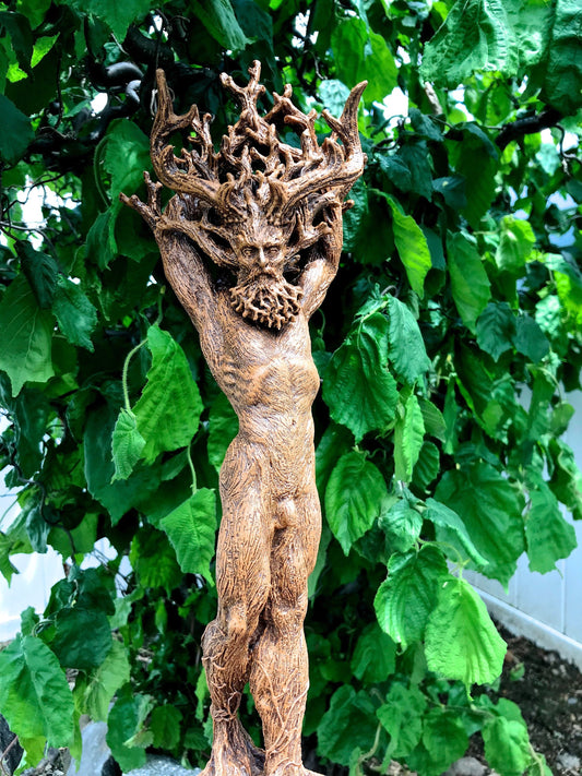 Green Man/ Cernunnos Hand Painted Resin Sculpture | Mythical Forest Creature Figurine | 15” Woodland God Altar Statue for Nature Lovers