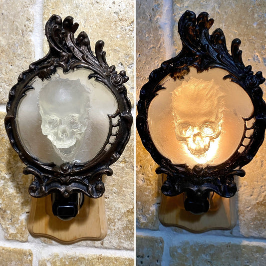 Spectral Skull Nightlight, Hand Painted Resin Sculpture | Victorian Gothic Night Light |  Ghost Skull Lighting for Gothic Fantasy Home Decor