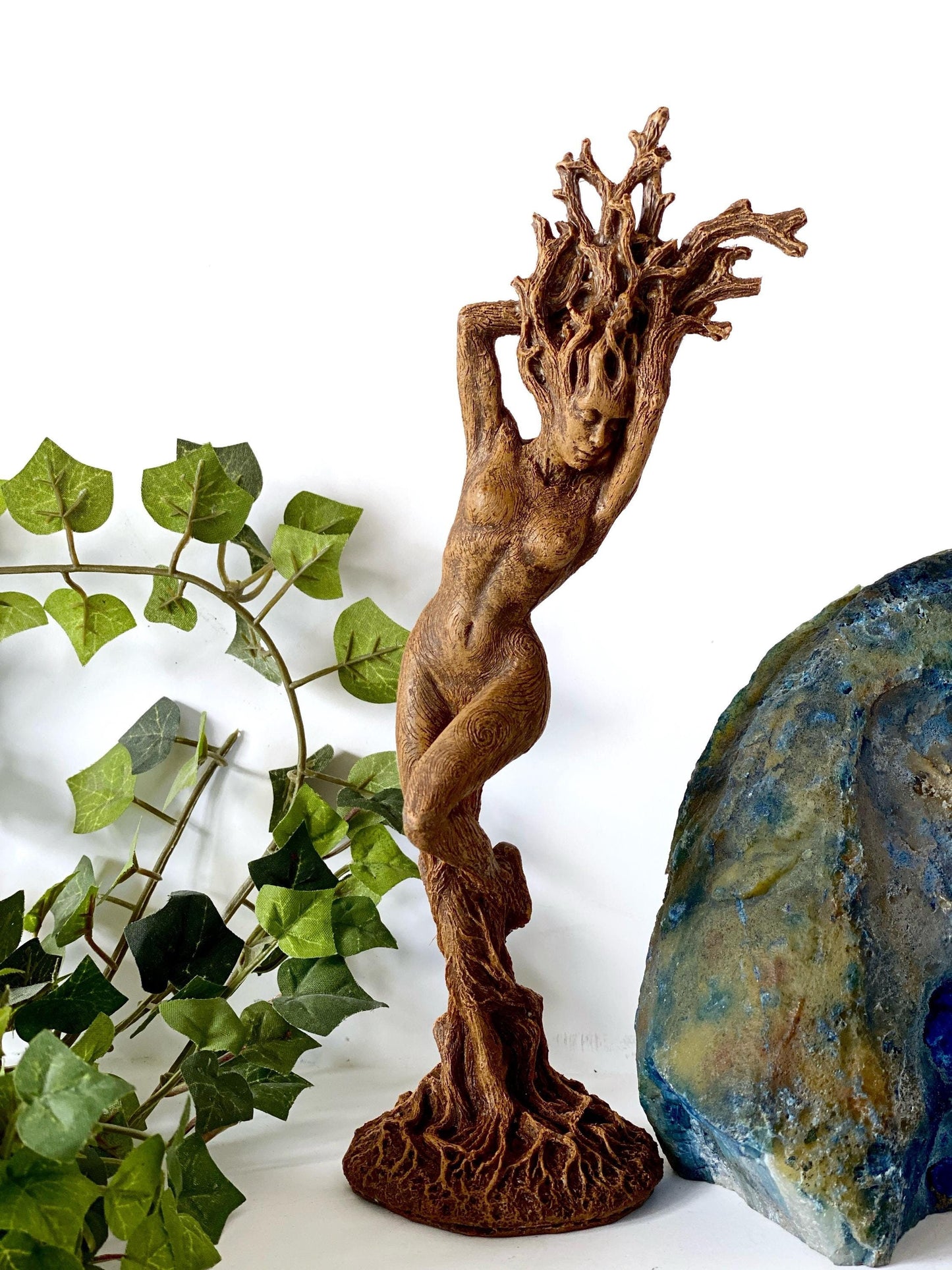 Dryad Statue, Hand Painted Resin Sculpture | Mythical Forest Creature Figurine | 8” Woodland Goddess Altar Statue for Nature Lovers
