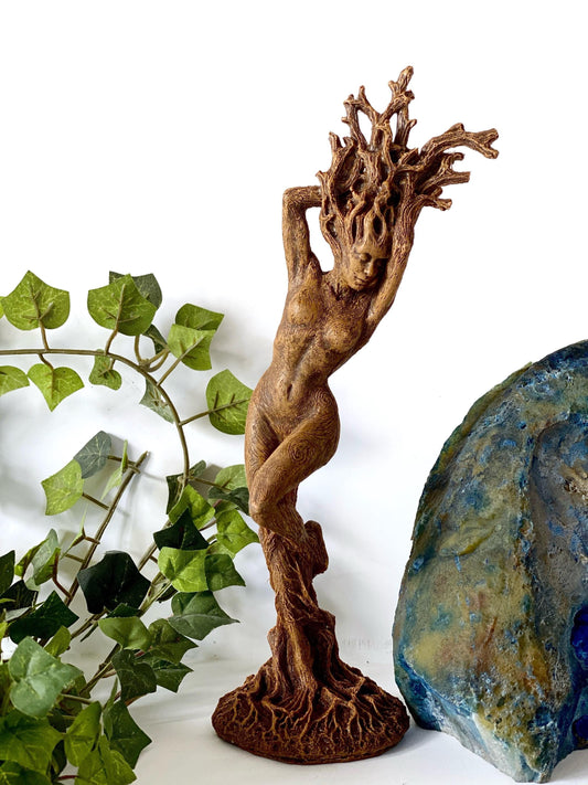 Dryad Statue, Hand Painted Resin Sculpture | Mythical Forest Creature Figurine | 8” Woodland Goddess Altar Statue for Nature Lovers
