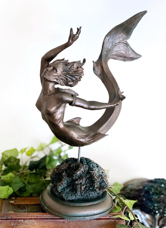 Mermaid Statue, Hand Painted Resin Sculpture, Bronze Finish| Mythical Creature Figurine| Unique Legendary Mermaid Figurine Fantasy Art Decor