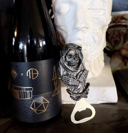 Santa Muerte Bottle Opener, Hand Painted Resin | Gothic Skull Art Barware, Grim Reaper Bottle Opener | Fantasy Gothic Beer and Barware Gift