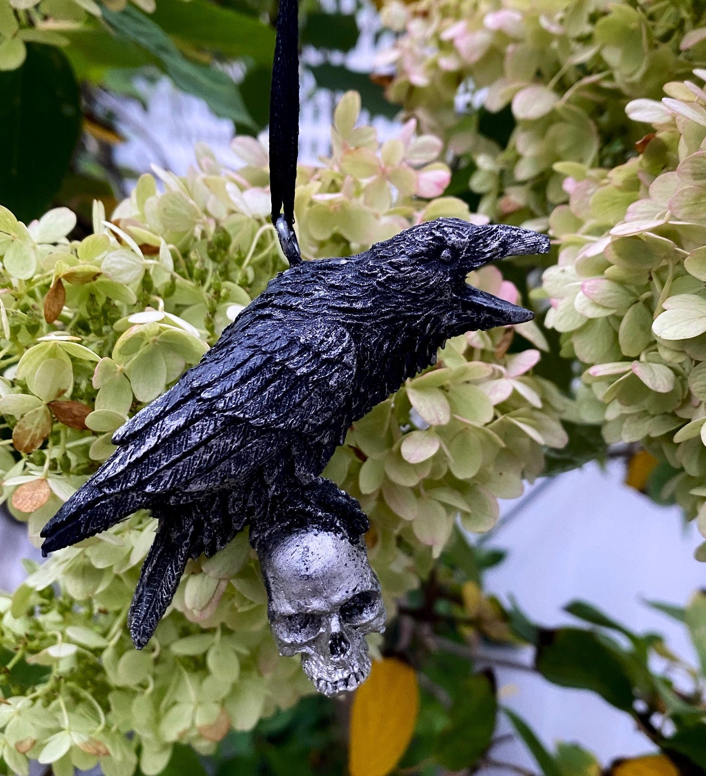 Raven Perched on Skull Ornament | Unique Gothic Home Decor | Resin Sculpture Poe's Raven, Literary Ornament Gift and Gothic Holiday Decor