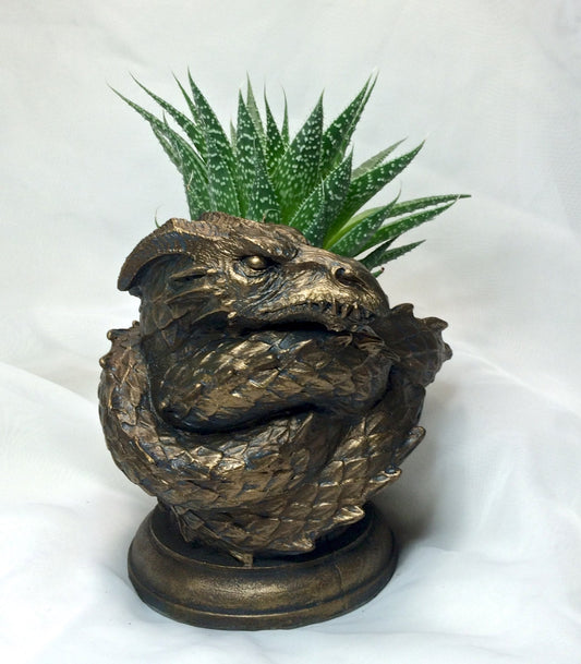 Coiled Dragon Planter, Bronze Finish |  Unique Mythic Creature Home Decor | Resin Sculpture Snake Vase, Fantasy Art and Gothic Home Decor