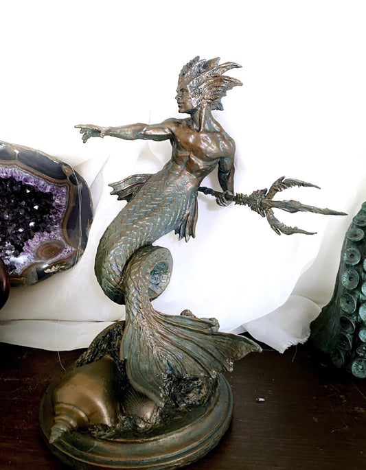 Merman/ Triton Statue, Hand Painted Resin Sculpture | Mythical Creature Figurine | Unique Legendary Male Mermaid Figurine. Fantasy Art Decor