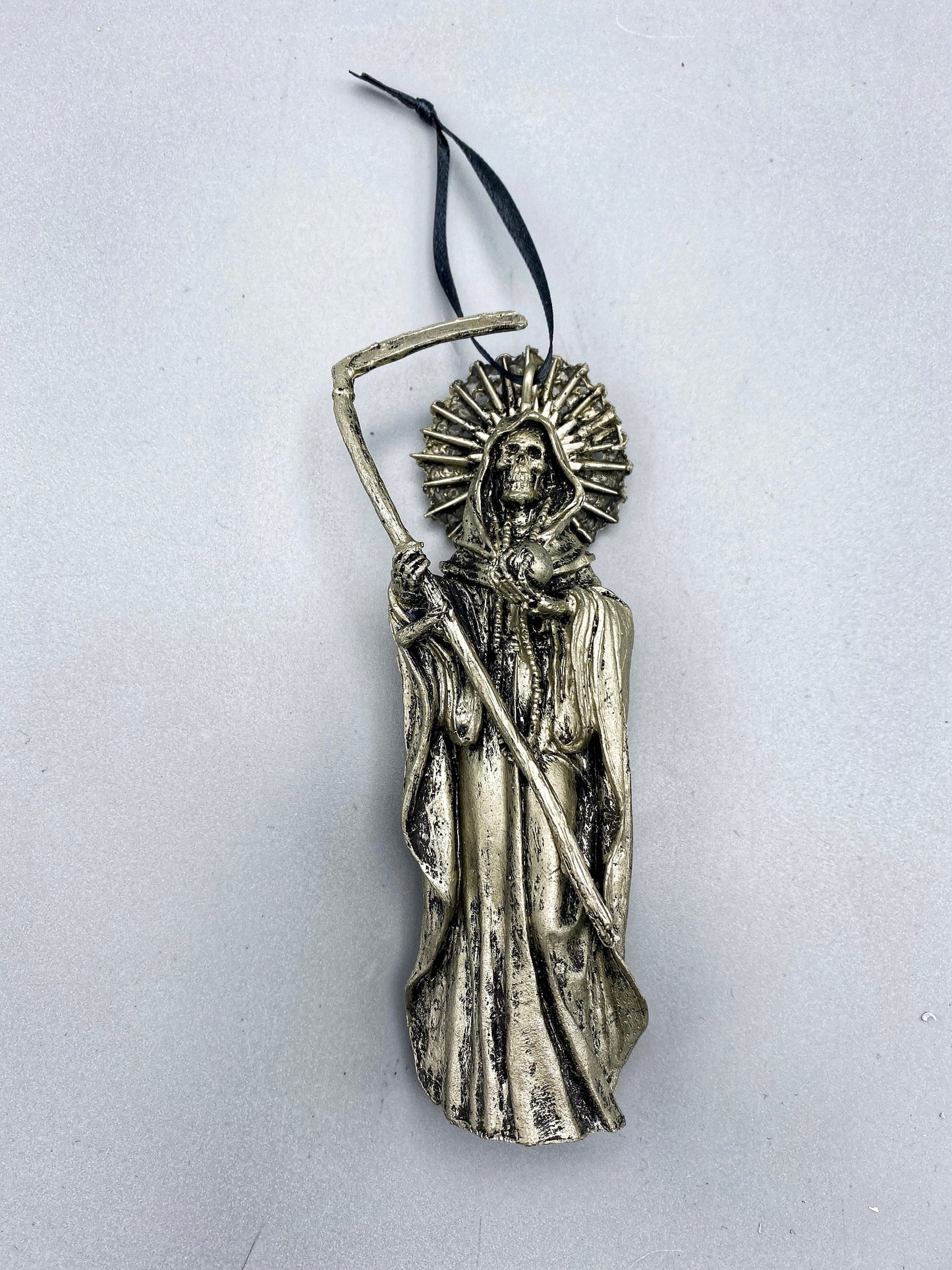 Santa Muerte Ornament, Hand Painted Sculpture | Mexican Saint of Death Altar Figurine | Gothic Ornament, Dia de los Muertos Holiday Decor