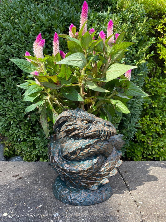 Coiled Dragon Planter, Large Version |  Unique Mythic Creature Home Decor | Resin Sculpture Snake Vase, Fantasy Art and Gothic Home Decor