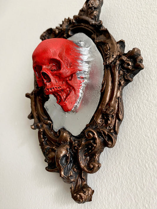 Spectral Skull Wall Plaque, Blood Red, Resin | Victorian Gothic Haunted Wall Art |Ghost Skull in Mirror for Halloween, Spooky Home Decor