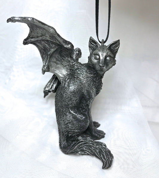 Fairy Cat: Witch’s Familiar Ornament, Hand Painted Resin Sculpture | Pagan Folklore Cat Figurine | Witchy Cat Art for Gothic Holiday Decor