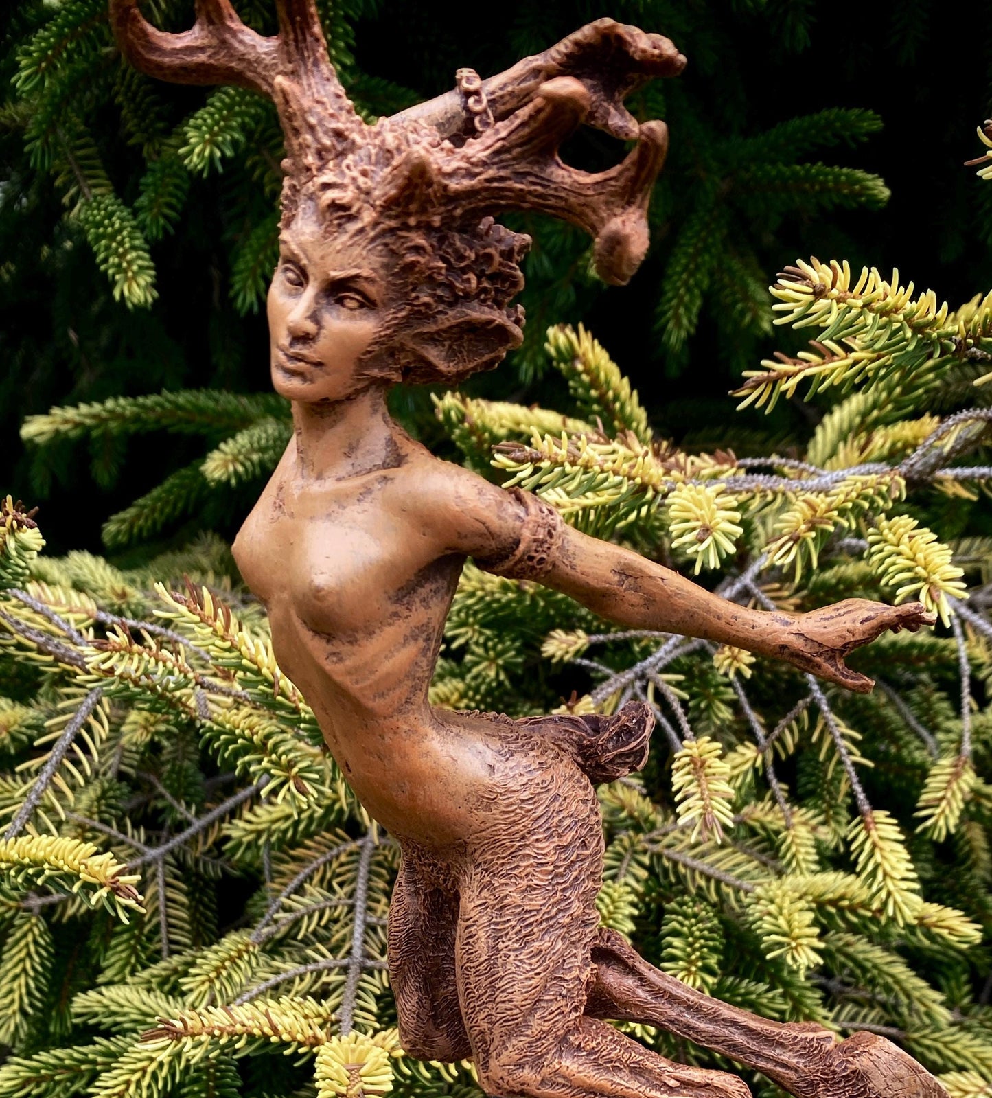 Faun Statue, Hand Painted Resin Sculpture | Mythical Forest Creature Figurine | Woodland Female Satyr Statue for Fantasy Art Decor