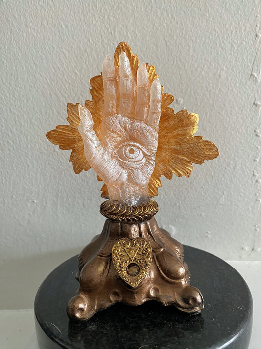 Hand of Protection Relic, Hamsa with LED Tea Light, Hand Painted Resin Sculpture | Medieval Gothic Decor | Occult Hand for Gothic Home Decor