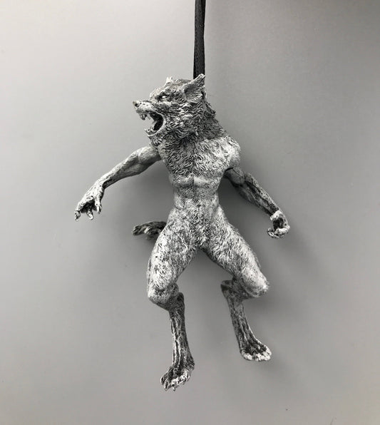 Werewolf Ornament, Grayscale, Hand Painted Resin Sculpture | Gothic Halloween Legendary Monster | Dark Folklore for Spooky Holiday Ornament