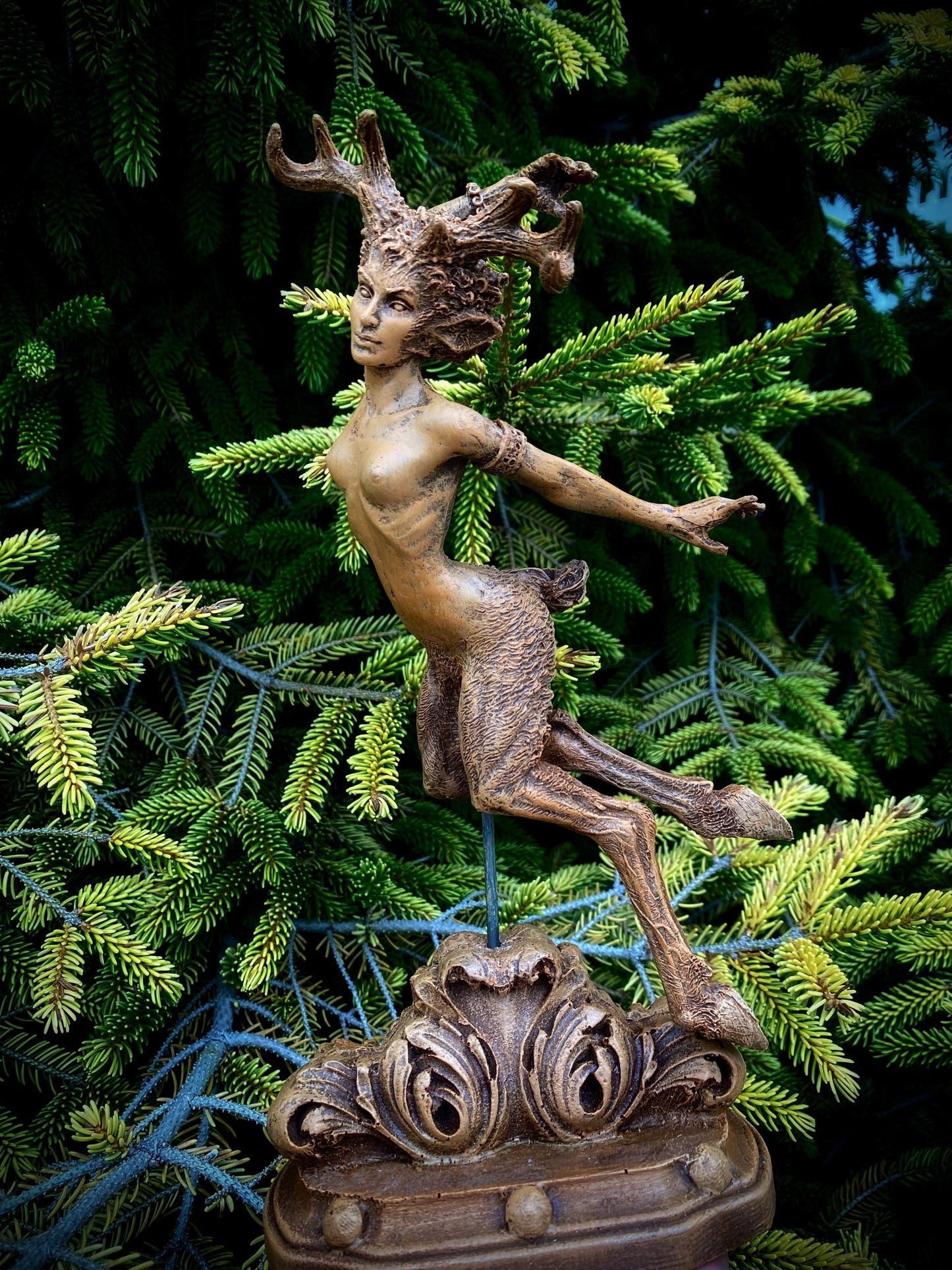 Faun Statue, Hand Painted Resin Sculpture | Mythical Forest Creature Figurine | Woodland Female Satyr Statue for Fantasy Art Decor