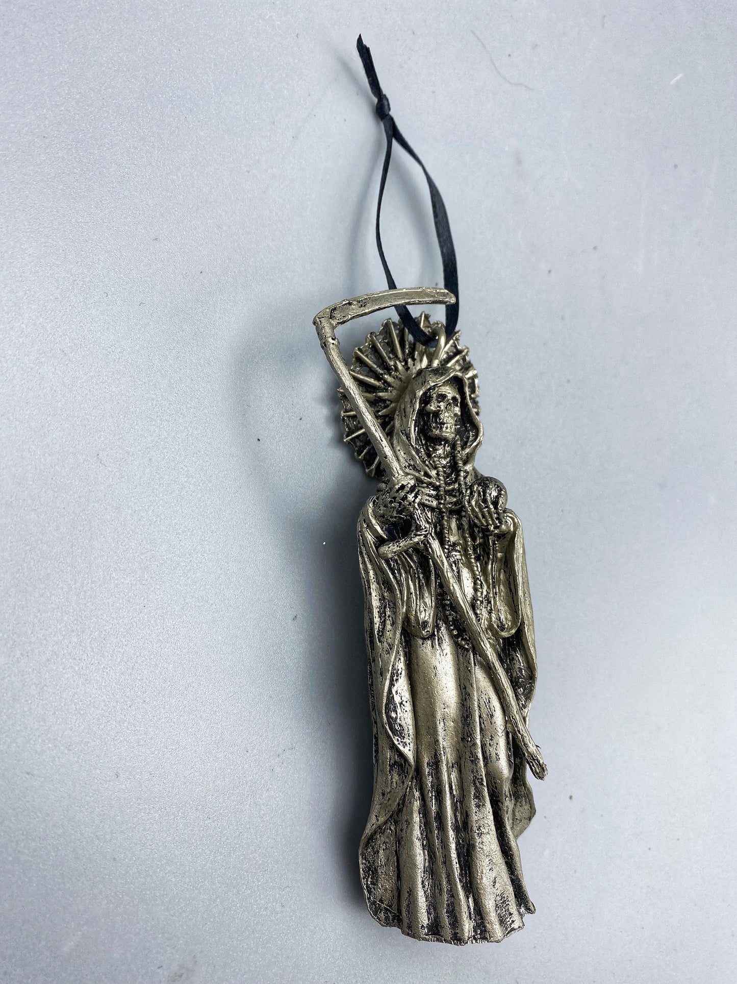 Santa Muerte Ornament, Hand Painted Sculpture | Mexican Saint of Death Altar Figurine | Gothic Ornament, Dia de los Muertos Holiday Decor