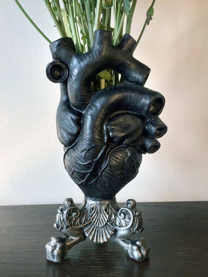 Anatomical Heart Vase, Black Finish | Unique Gothic Home Decor | Resin Sculpture Flower Vase, Medical Gift and Gothic Home Decor