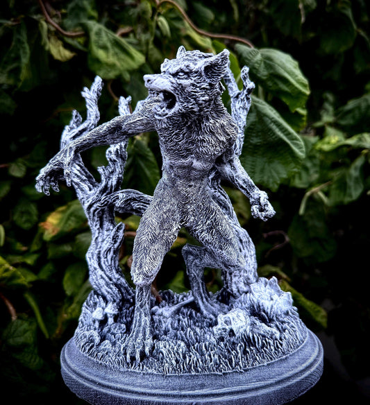 Werewolf Statue, Hand Painted Grayscale Resin Sculpture | Gothic Halloween Legendary Monster Figurine | Dark Art for Spooky Home Decor