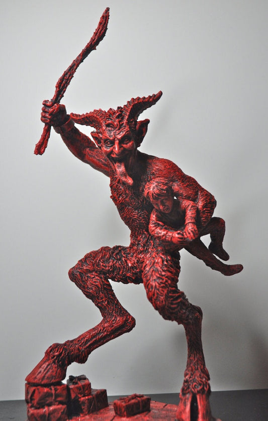Krampus II Statue, Hand Painted Resin Red Finish | Mythical Creature Figurine | Unique Dark Christmas Demon, Gothic Folklore Decor