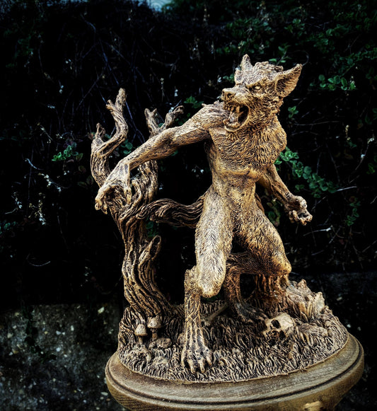 Werewolf Statue, Hand Painted Resin Sculpture | Gothic Halloween Legendary Monster Figurine | Dark Folklore Art for Spooky Home Decor