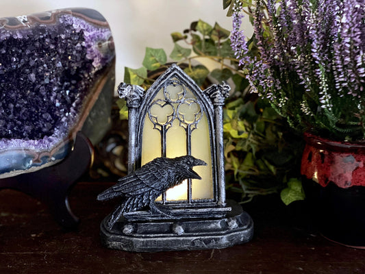 Raven and Window Tea Light, Hand Painted Resin Sculpture | Medieval Gothic Night Light | Poe’s Raven Lighting for Gothic Fantasy Home Decor