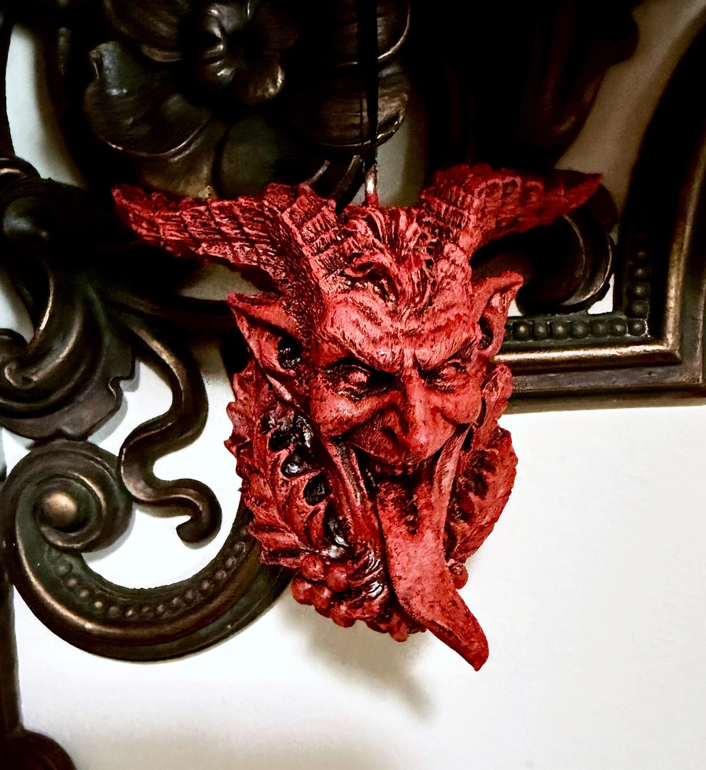 Krampus Head Ornament, Hand Painted Resin Sculpture | Mythical Creature Figurine | Unique Dark Christmas Demon for Gothic Holiday Decor