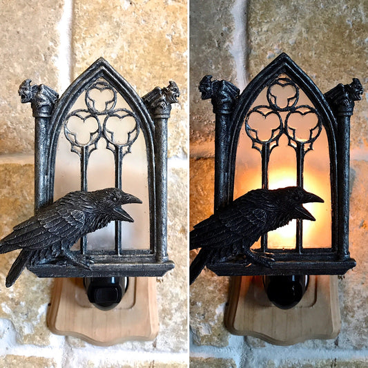 Raven and Window Nightlight, Hand Painted Resin Sculpture | Medieval Gothic Night Light | Poe’s Raven Lighting for Gothic Fantasy Home Decor