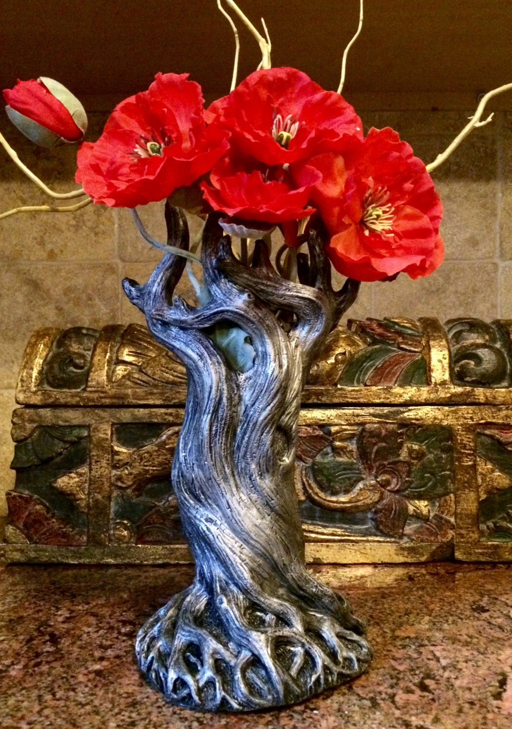 Tree Vase, Pewter Finish | Unique Woodland Rustic Home Decor | Resin Sculpture Flower Vase, Nature Gift and Earthy Home Decor