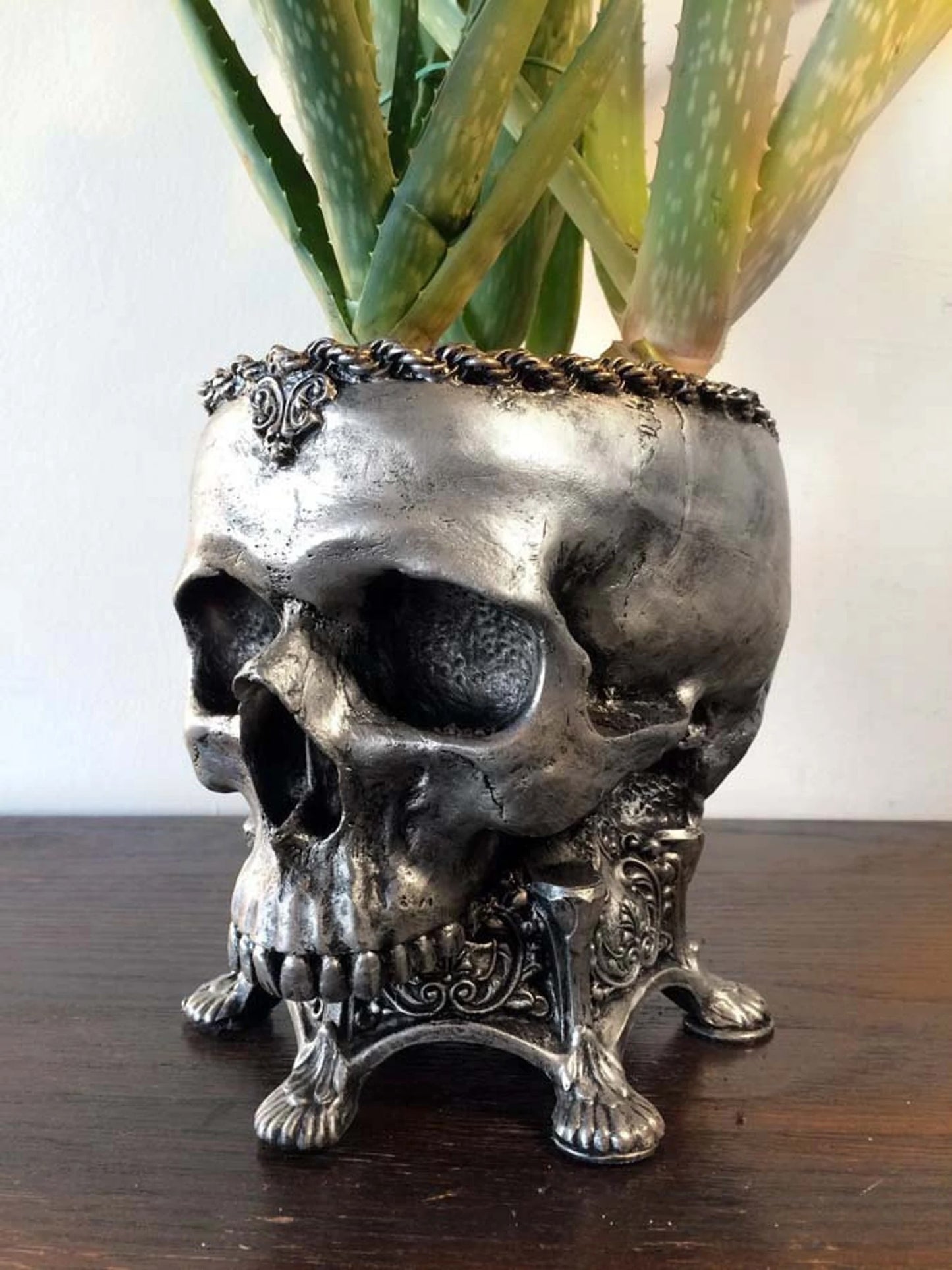 Human Skull Planter, Pewter Finish